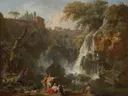 De watervallen bij Tivoli met de villa van Maecenas van Joseph Vernet: landschap met waterval, rotsen, figuren en bomen, in warm bruin met wit water