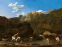 De watervallen bij Tivoli van Karel Dujardin: landschap met rotsen, waterval, ruiter en bomen, in warm bruin met blauw