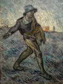 De zaaier (naar Millet) van Vincent van Gogh: figuren met boer, zaaien, akker en werk, in gedempt blauwgrijs