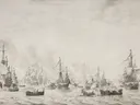 Landschapsschilderij 'De Zeeslag Tegen de Spaanse Armada bij Duins' naar Willem van de Velde