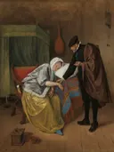 De zieke vrouw van Jan Steen: figuren met zieke vrouw, dokter, stoel en kamer, in warm bruin met geel en blauw