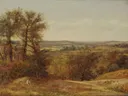 Dedham Vale van John Constable: landschap met bomen, dal, velden en herfst, in warm okergeel en groen