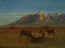Deer in Mountain Home van Albert Bierstadt: dieren met herten, bergen, weide en prairie, in goudbruin en blauw
