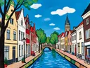 Delft, gracht in vlakke acryl, schilderij van Delft
