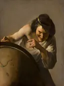 Democritus, de lachende filosoof van Johannes Moreelse: portret met man, lach, globe en muts, in warm bruin