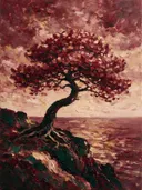 Loofboom in bordeaux, schilderij