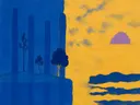 Schilderij van dennenbos bij zonsopgang in kobalt en saffraan, in vlakke kleurvlakken