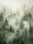 Waterverf schilderij van een groen dennenbos gehuld in ochtendmist.