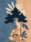 Schilderij van dennenbos in grijsblauw en abrikoos, in vlakke kleurvlakken