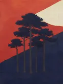 Schilderij van dennenbos in vermiljoen en indigo