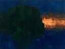 Abstract landschap in dennengroen en kopergloed