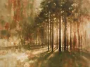 Landschapsschilderij, dennenstammen in het licht in oranje