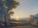 Der Meerbusen von Baiae bei Sonnenuntergang van Lorenz Adolf Schönberger: landschap met baai, zonsondergang, boom en water, in zacht blauw en goud