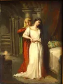Desdemona Retiring to her Bed van Théodore Chassériau: figuren met vrouw, witte jurk, dienares en zuilen, in wit en rood