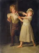 Deux enfants se disputant un morceau de pain van Henri-Pierre Danloux: figuren met kinderen, brood, jongen en meisje, in warm bruin en creme