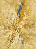 Action painting schilderij, diagonaal (sweep) in mosterd en kobalt