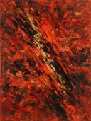 Action painting schilderij, diagonaal (sweep) in vuurrood