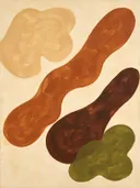 Diagonale vormen in klei en olijf, abstract schilderij met organische vormen