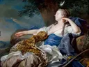 Diana in a Landscape van Louis-Michel van Loo: portret met vrouw, luipaardvel, boog en bomen, in blauw, wit en groen