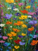 Schilderij van een wildebloemenveld in warme kleuren