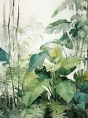 Dichte mix van monstera en bananenbladeren in groen.