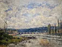 Die Brücke bei Sèvres Nationalgalerie Prag anagoria van Alfred Sisley: landschap met brug, rivier, wolken en heuvels, in grijsblauw en groen
