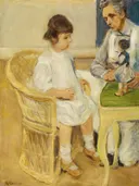 Die Enkelin im Korbsessel nach rechts van Max Liebermann: figuren met meisje, rieten stoel, vrouw en witte jurk, in okergeel en wit