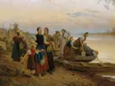 Die letzte Tagesmühe van Leopold Carl Müller: figuren met vrouwen, kinderen, boot en oever, in gedempt blauw en bruin