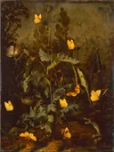 Die Schlange Am Vogelnest van Otto Marseus Van Schrieck: stilleven met distel, vlinders, planten en slang, in donkerbruin met geel