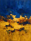 Abstract landschap in diep kobalt en goud