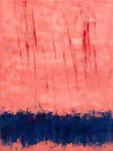 Abstract landschap in diep kobalt en koraalroze