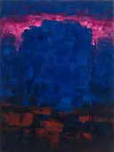 Abstract landschap in diep kobalt en magenta