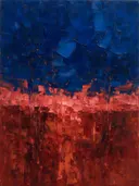 Abstract landschap in diep kobalt en rosé