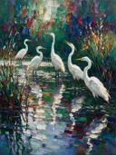 Dieren bijeen aan de waterkant in marineblauw, schilderij met verschillende dieren