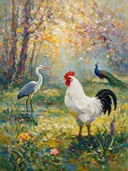 Dieren bijeen bij bloesem, schilderij met verschillende dieren