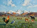 Dieren bijeen in de groene weide, dieren schilderij