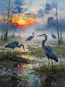 Dieren bijeen in de mist, schilderij met verschillende dieren