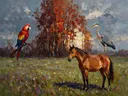 Dieren bijeen in het bos, schilderij met verschillende dieren