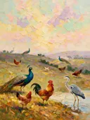 Dieren in de mist in goud, schilderij met verschillende dieren