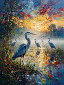 Dieren in de mist, schilderij met verschillende dieren