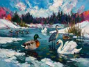 Dieren in de sneeuw in marineblauw, schilderij met verschillende dieren