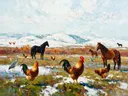 Dieren in de sneeuw, schilderij met verschillende dieren