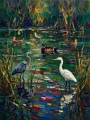 Dieren samen aan de waterkant in bruin, schilderij met verschillende dieren