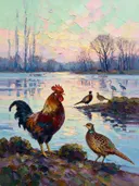Dieren samen aan de waterkant in saliegroen, schilderij met verschillende dieren