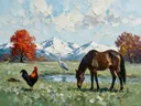 Dieren samen in de groene weide, dieren schilderij
