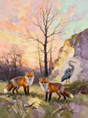 Dieren samen in de schaduw in poederroze, schilderij met verschillende dieren