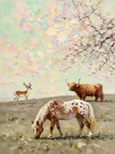 Dierenrijk bij bloesem in creme, schilderij met verschillende dieren