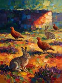 Dierenrijk in de schaduw, schilderij met verschillende dieren