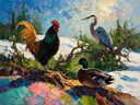 Dierenrijk in de sneeuw, schilderij met verschillende dieren