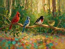 Dierenrijk in het bos in groen, schilderij met verschillende dieren